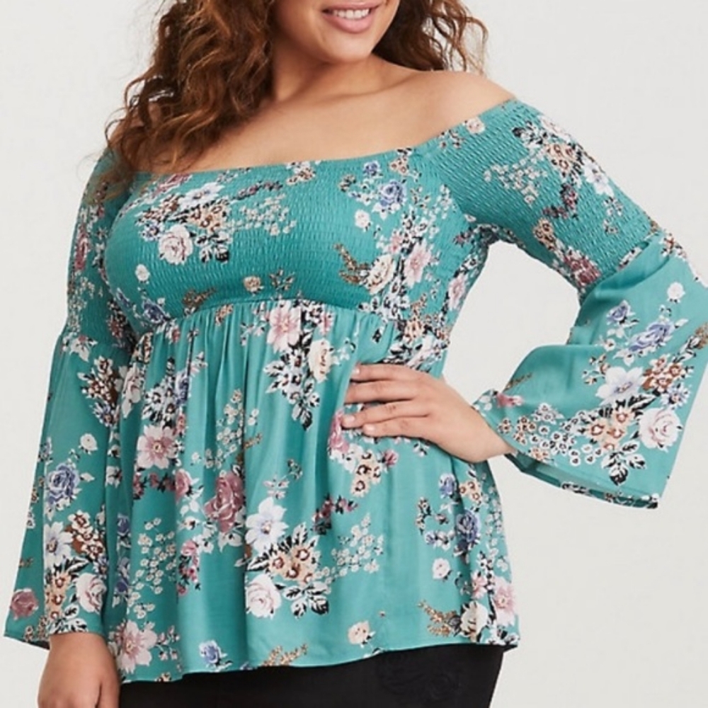 TORRID teal floral bell sleeve top